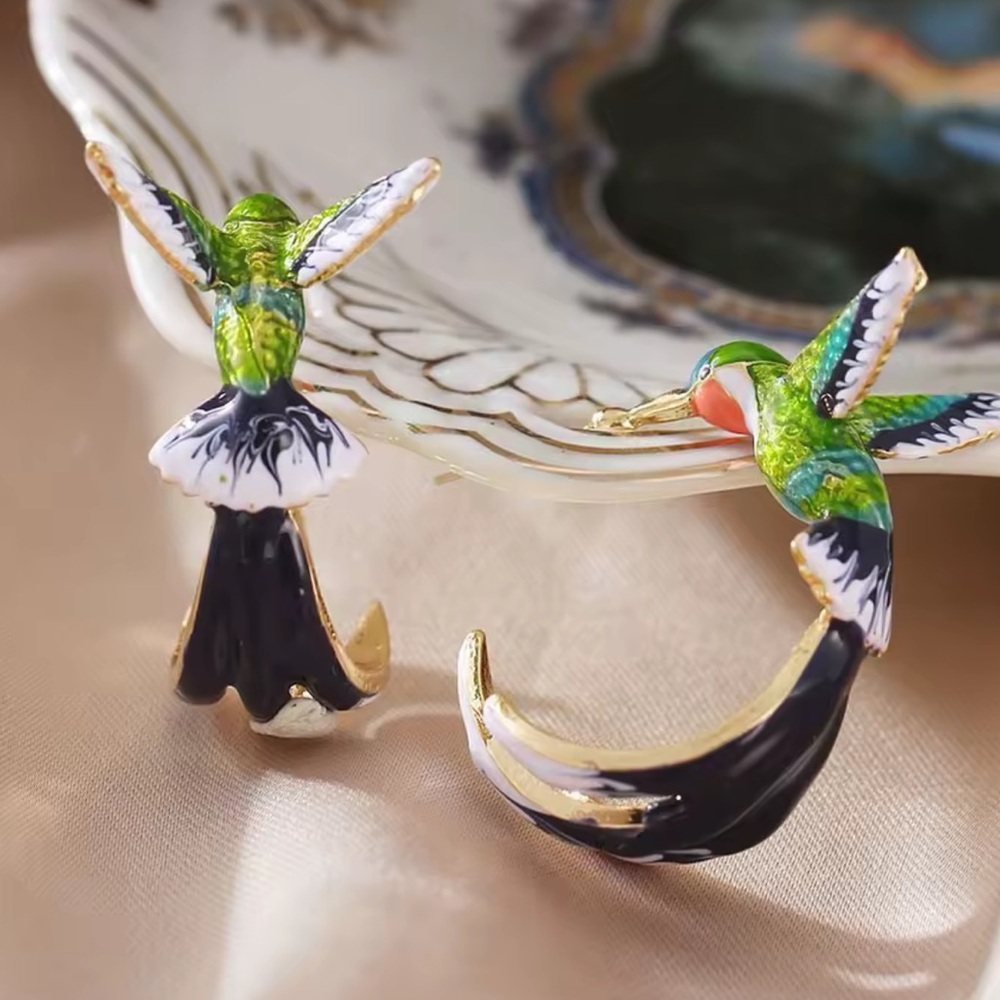 Hummingbird Hoop Earrings with Green and Gold Accents